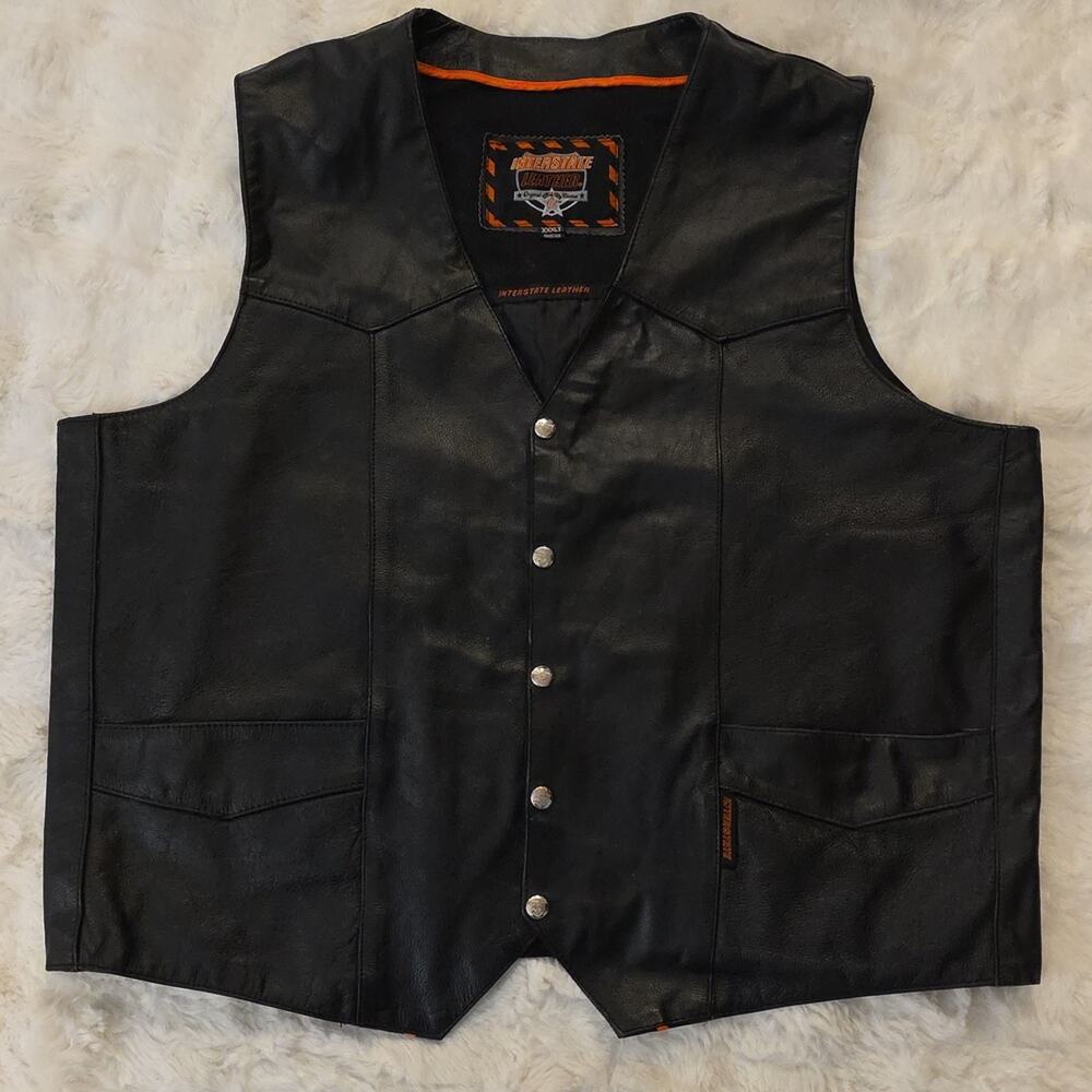 Interstate Leather Black Full Snap Tuxedo Vest Mens XXXLT Motorcycle Biker VGUC